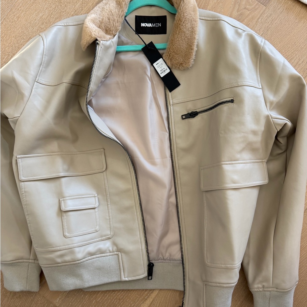 Fashion Nova Cream Bomber Jacket with Faux Fur Collar